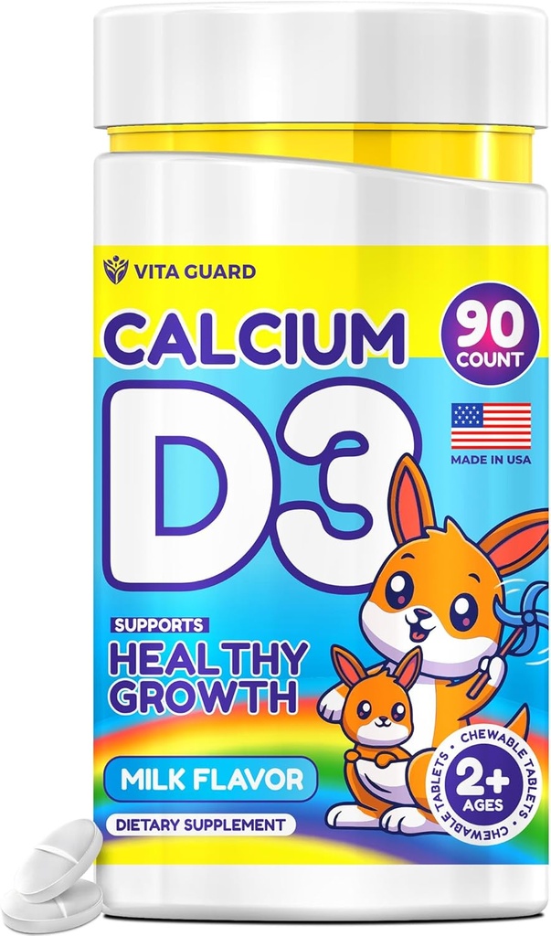 Kalcijeve D3 žvečljive tablete za otroke – 640 mg kalcij & 320 i.e. vitamin D3 – ne-GMO, mlečne arome – podpora za kosti in zobe – 90 tablet za starost 2+