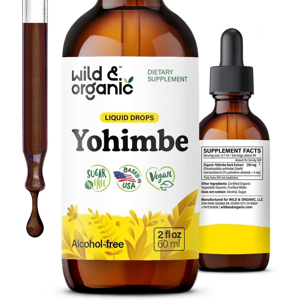 Wild & Organic Yohimbe Dodatki za moške in ženske - 5 mg Yohimbine Tekoči ekstrakt kapljice - Pausinystalia Yohimbe Bark Tinkture - Vegan, Alkohol brez - 2 fl oz