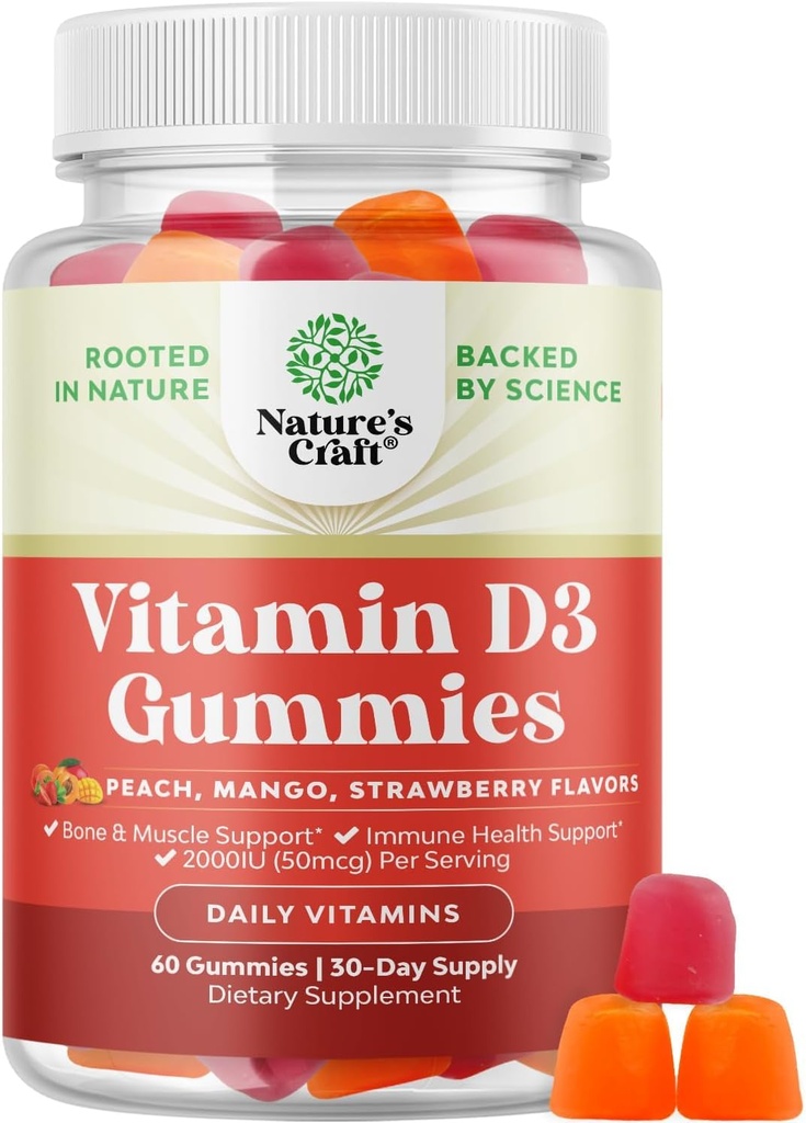 Narava Presadki Vitamin D3 Gumiji za dnevno wellness - Okusno D Odrasli z 2000 i.e. na serviranje mišic kosti in imunske podpore Ne-GMO želatina Gluten brezplačno (30 dnevna zaloga)