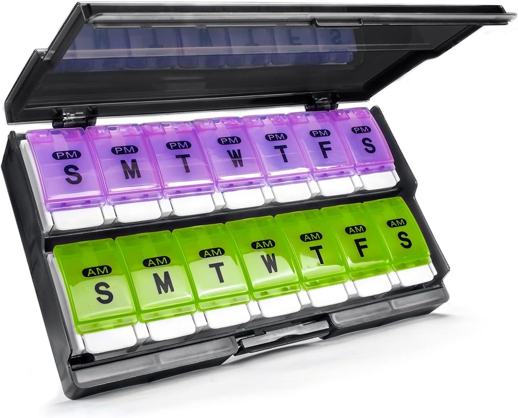 Ekstra velike tedenske tablete Organizator 2 krat na dan - Remtise Am/Pm Daily Pill Case Medicine Organizator, Push Gumb 7 dan tablete Škatla za tablete/vitamin/Cod Jetrno olje/dodatki (Purple & Green)