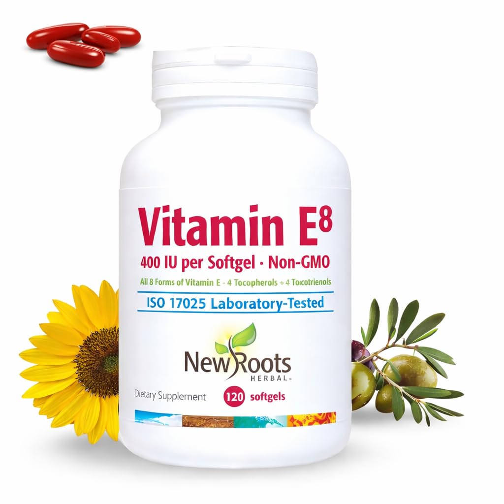 NEW ROOTS HERBAL Vitamin E Capsules (400 IU), Vitamin E8 Supplement with All 8 Tocopherols & Tocotrienols for Women & Men (120 Softgels)