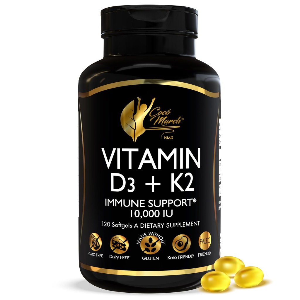 Cocó March N.M.D Vitamin D3+K2 10.000 i.e. - Visoko jakostni dodatek za ženske in moške, Imunska podpora, zdravje kosti in sklepov - Gluten-free, Non-GMO, 4-mesečna oskrba, 250 μg D3, 180 μg vitamina K2