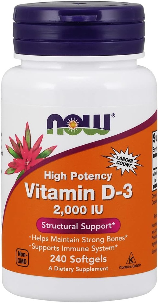 NOW Foods Vitamin D-3, Strukturna podpora 2000 I.U, 480 Softgels