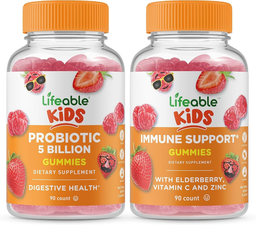 Življenjski probiotiki 5 milijard otrok + Imunska podpora Otroci, Gummies Bundle - odličen okus, Vitamin dopolnilo, Gluten brezplačno, GSO brezplačno, Žvečljivi Gummy
