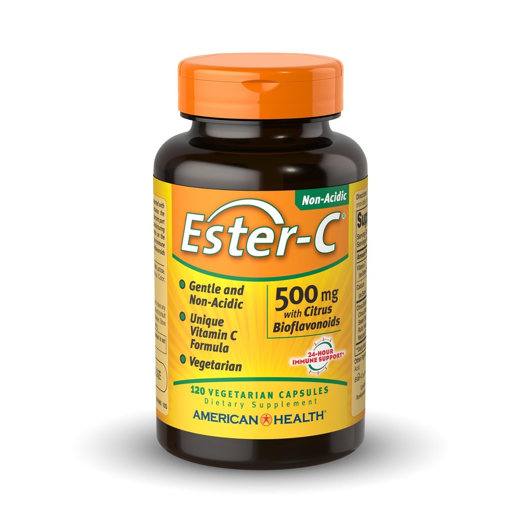 American Health Ester-C 500 mg z zdravilom Citrus Bioflavonoidi - 120 vegetarijanskih kapsul - 24-urna imunska podpora - Ne-GMO, Vegan, Gluten Free - 60 servivov