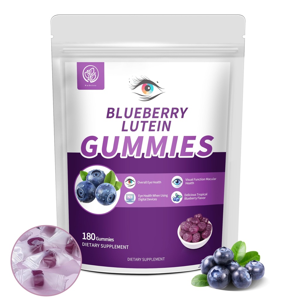 Borovnice Lutein Eye Vitamini Gumies s 180 Štetje - 3 Mesec dobave, Vegan Eye Health Supplement za otroke in odrasle, Lutein Gumies za vid jasnost in podporo modri svetlobi