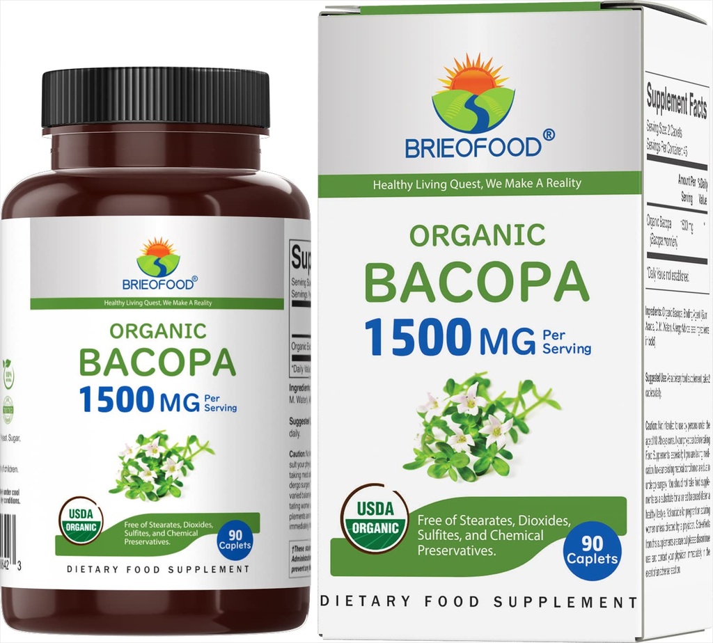 Brieofood Organic Bacopa 1500mg, 45 Služabniki, vegetarijanci, Gluten brezplačno, 90 vegetarijanske tablete...