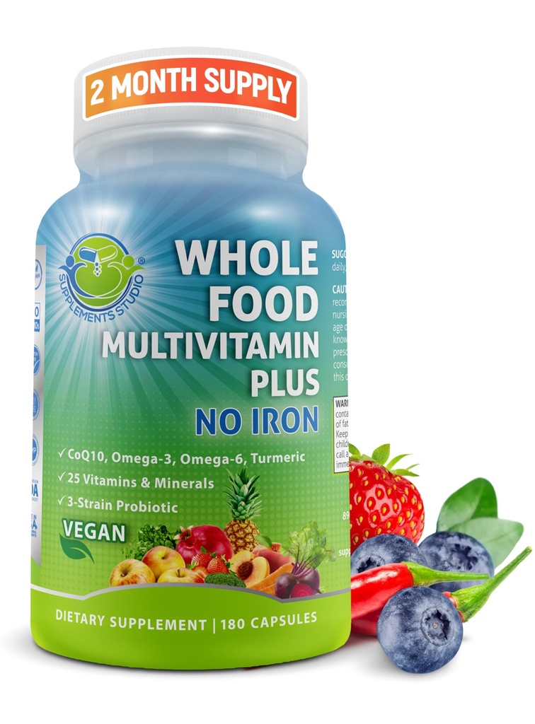 Veganska cela hrana Daily Multivitamin brez železa, Metilirani multivitamin za ženske in moške, izdelan s sadjem in zelenjavo, B-kompleks, probiotiki, encimi, CoQ10, omega, kurkuma, Non-GMO, 180 Count