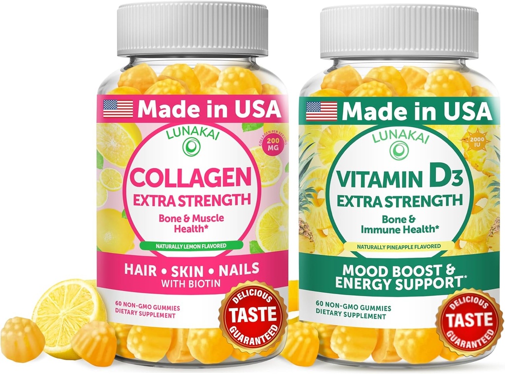 Lunakai Collagen in vitamin D3 Gummies Bundle - Ne-GMO dopolnila proti staranju za moške in ženske - Imuniteta, podpora kosti in razpoloženja Gummy za odrasle - 30 dni