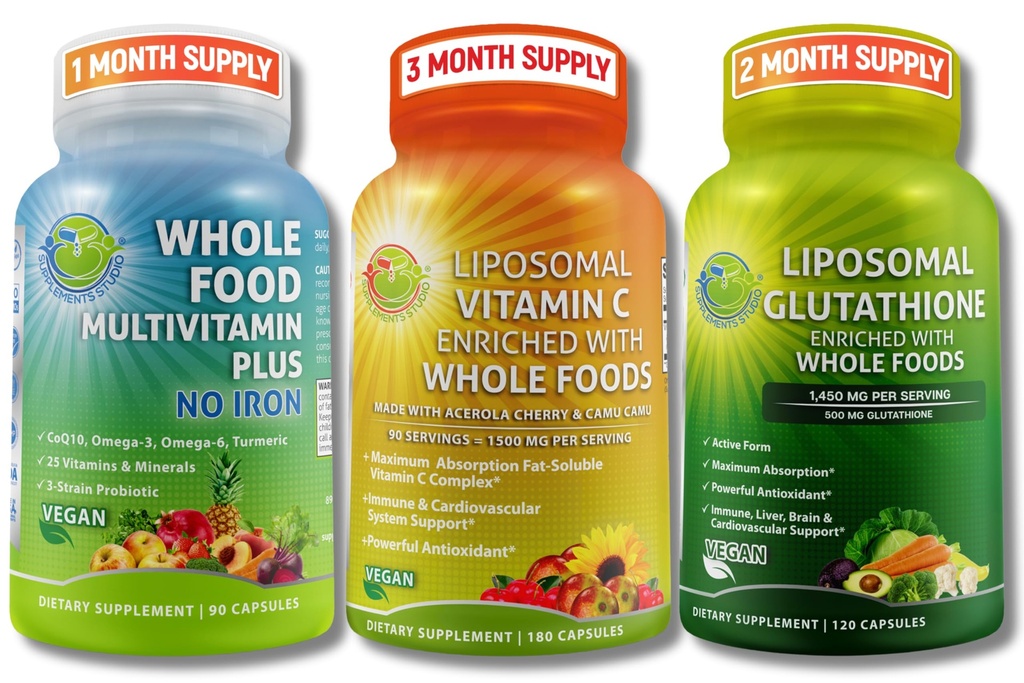 Imunska in dnevna podpora za dobro počutje za ženske in moške – liposomski vitamin C 1500mg + veganski celi živilski multivitamin Brez železa + liposomski glutation 500mg – Vegan, ne-GMO, Čista dnevna podpora za dobro počutje