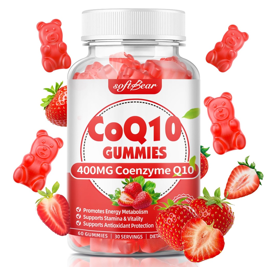 softbear CoQ10 Gumies 400mg koencim Q10 dodatek za odrasle, visoka absorpcija coq10 Plus omega-3, magnezij, vitamin B3 & cink za celično energijo in antioksidant, jagodni okus 60