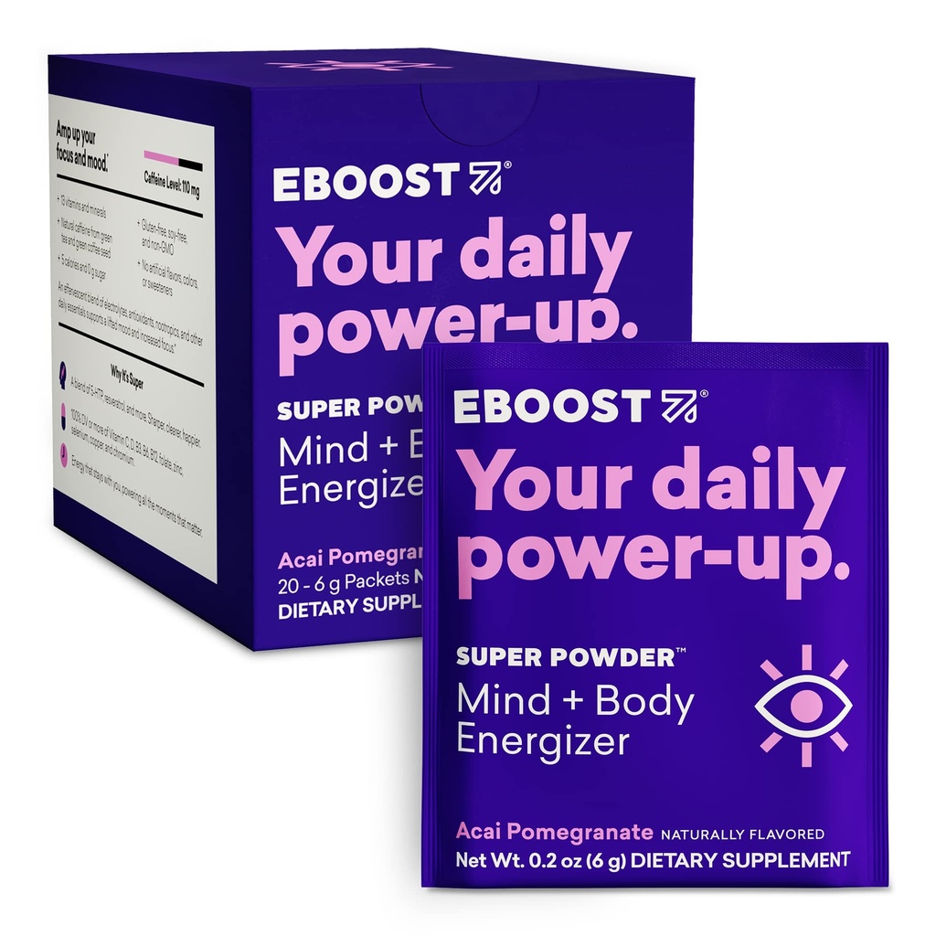 EBOOST Super Energy Powder Drink Mix, Ne-GMO Elektrolitni dodatek, obremenjen z vitamini (Acai Pomegranat), 0.2 Ounce (pak 20)