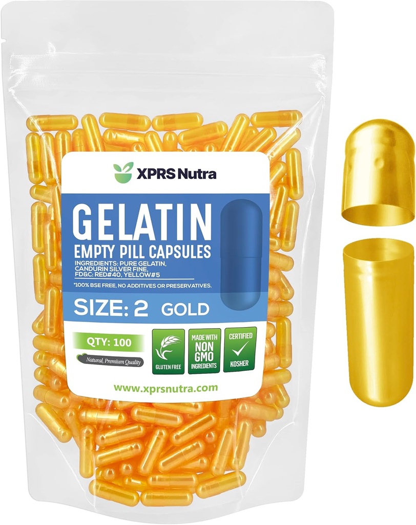 XPRS Nutra velikost 2 prazni kapsuli - 100 Štetje praznih kapsul želatine - tablete DIY Kapsule Polnjenje - Čiste goveje tablete Gel caps za Do-it-Yourself Supplements (zlate)