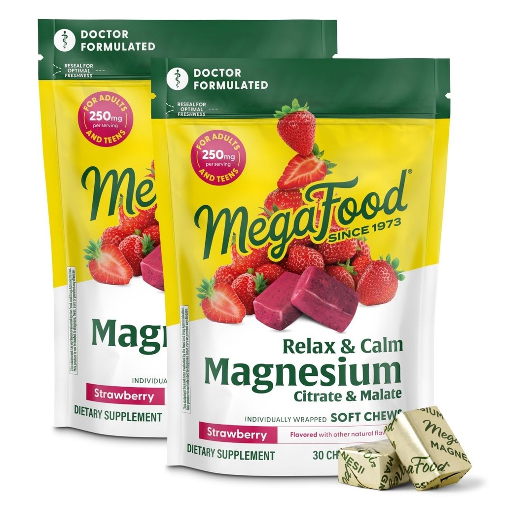 MegaFoods Relax + Calm Magnezij dodatek - Mehki žveči z magnezijevim citratom in malatom za zdravje srca, mišice Tension & More - Vegetarian - Jagodna aroma - 30 žveči na paket (2 paketa)