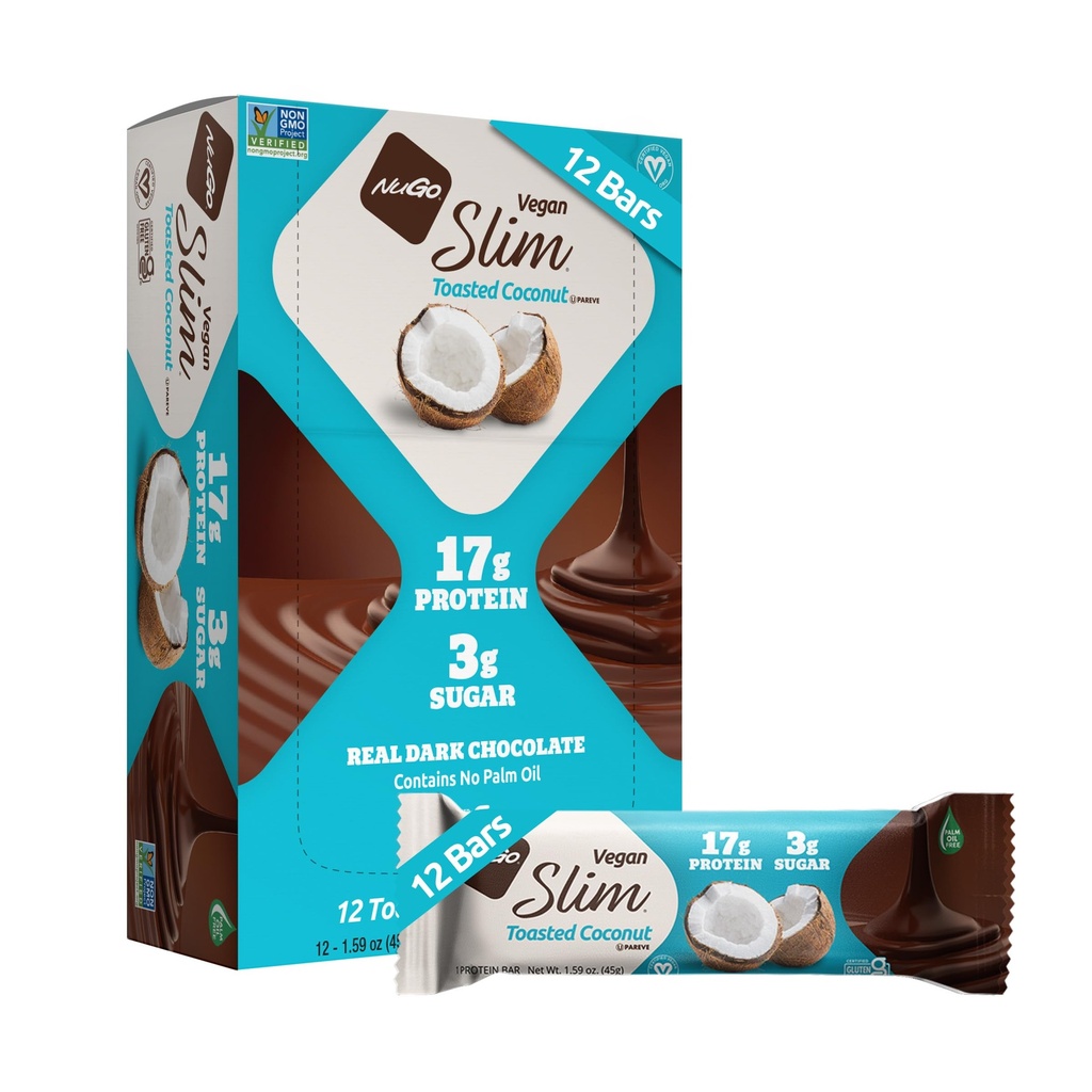 NuGo Slim temna čokolada Okusni kokos, 16g Veganski proteini, 3g sladkor, 7g vlaknine, nizko neto Carb, Keto prijazno, Gluten brezplačno, 12 C