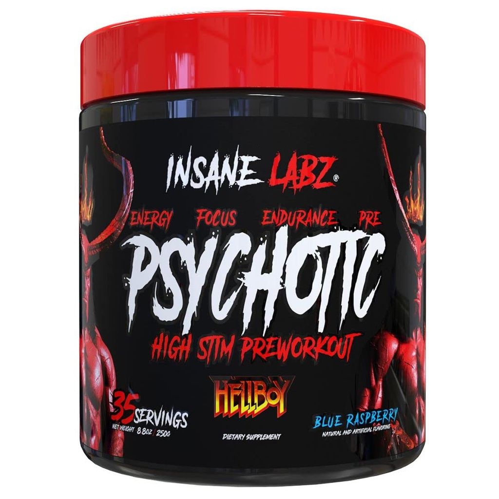 Insane Labz Hellboy Edition, High Stimulant Pre Workout Powder in NO Booster z Beta Alanine, L Citrulin, in Kofein, Pospešuje fokus, energijo, vzdržljivost, ravni dušikovega oksida, 35 Srvgs, Blue Rasp