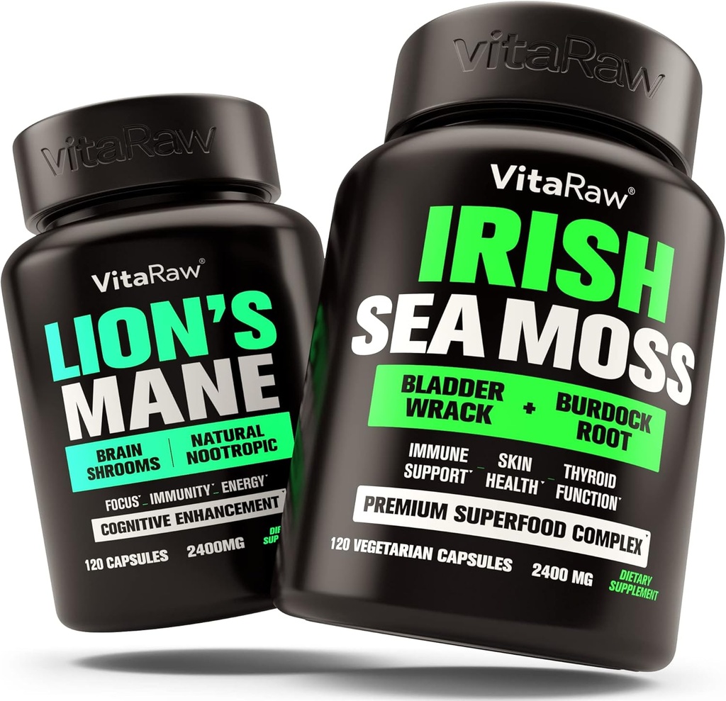 Levi grivasta goba + Irish Sea Moss - Spomin in energija za povečanje možganov + Imunska podpora, Joint & Ščitnica in Gut Health