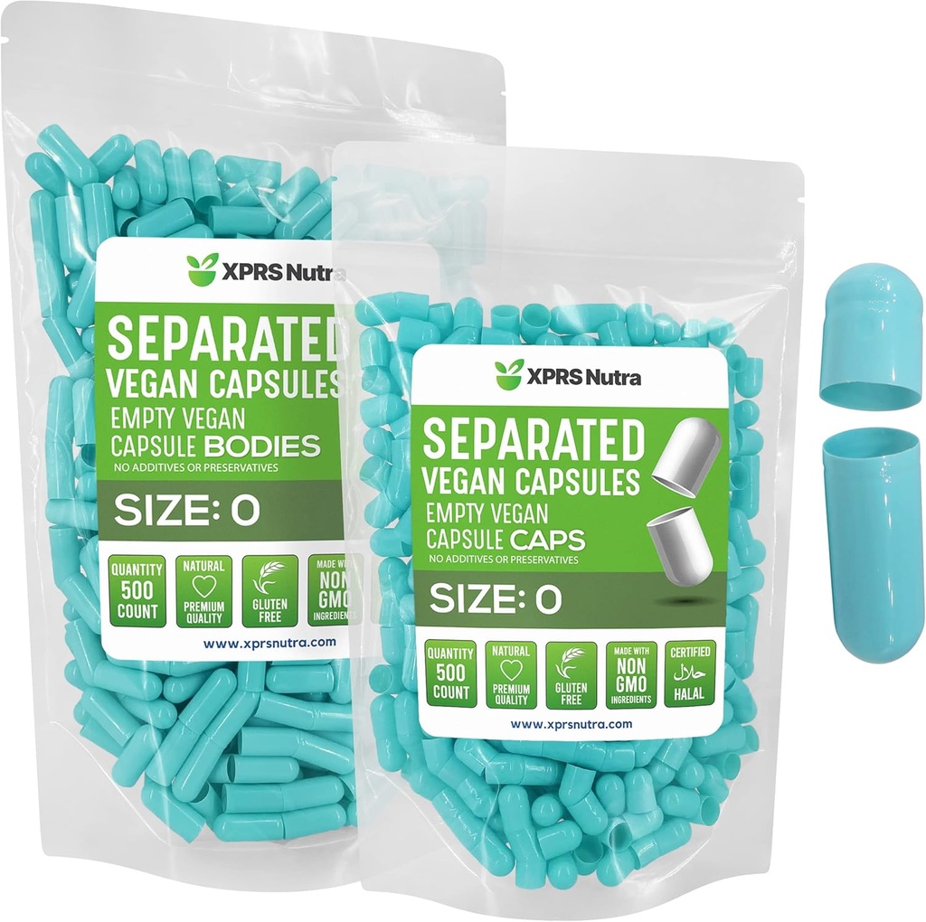XPRS Nutra Vegan Velikost 0 Ločene kapsule - 500 Štetje Premium prazne kapsule Ločene v vrečah - Tablete 0 Prazne za polnjenje DIY (Aqua)