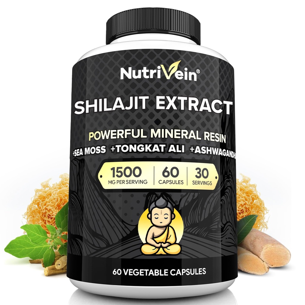 Nutrivein Premium Pure Himalajan Shilajit za moške in ženske - 1500 mg - 60 Kapsule- Močan Resin Extract Pomešan z irskim morskim mossom, Tongkat Ali, & Ashwagandha - Vitalnost, jasnost, & zmogljivost