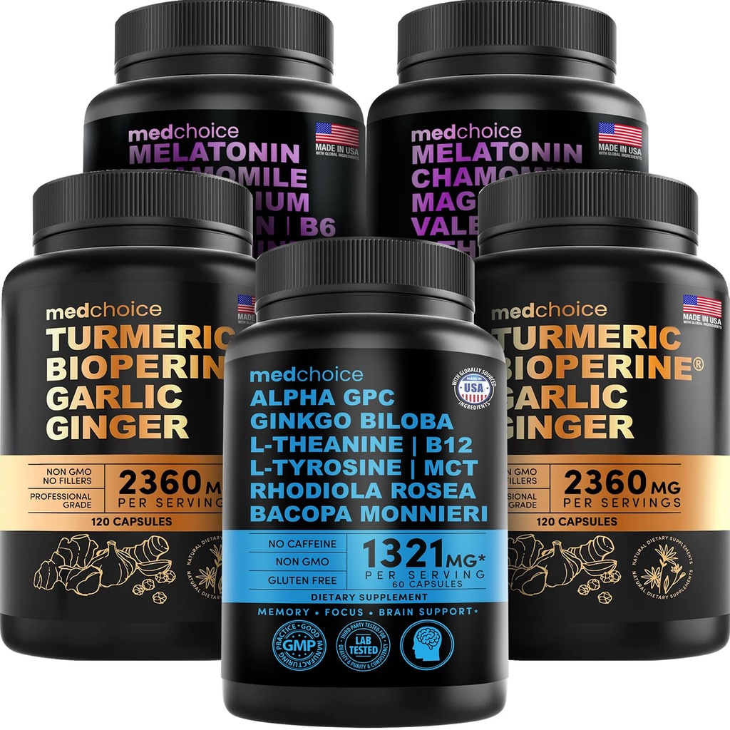 MEDCHOICE Turmeric & Ginger (240ct), Sleep Melatonin (180ct) in Nootropic Brain (60ct) Dodatek Bundele - Wellness Trio za možgane, spanje, in imunske podpore - Vegan, Non-GMO, Gluten-free