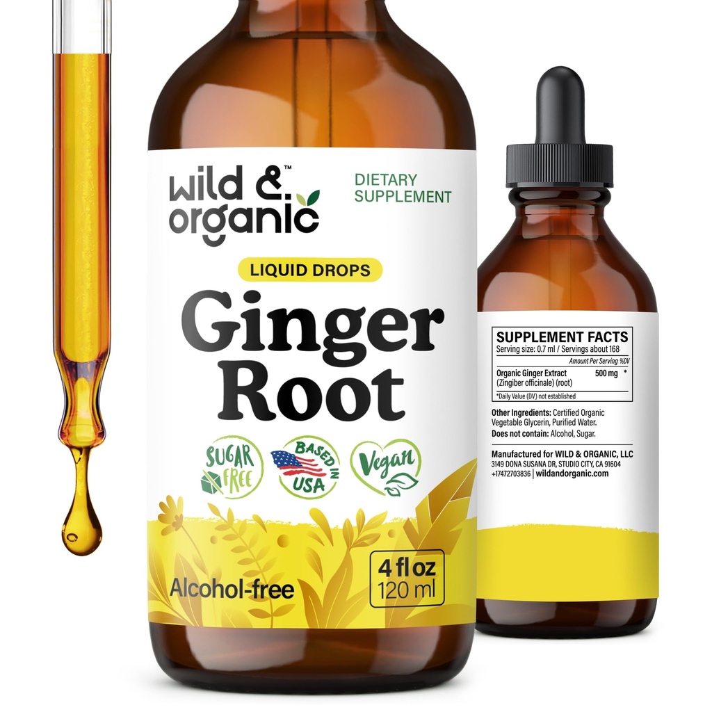 Wild & Organic Ginger Root Extract kapljice - Imunska & Prebavna podpora - Tekoči Ginger dodatki - Vegan, Sladkor & Alkohol brez Tinkture - 4 fl oz