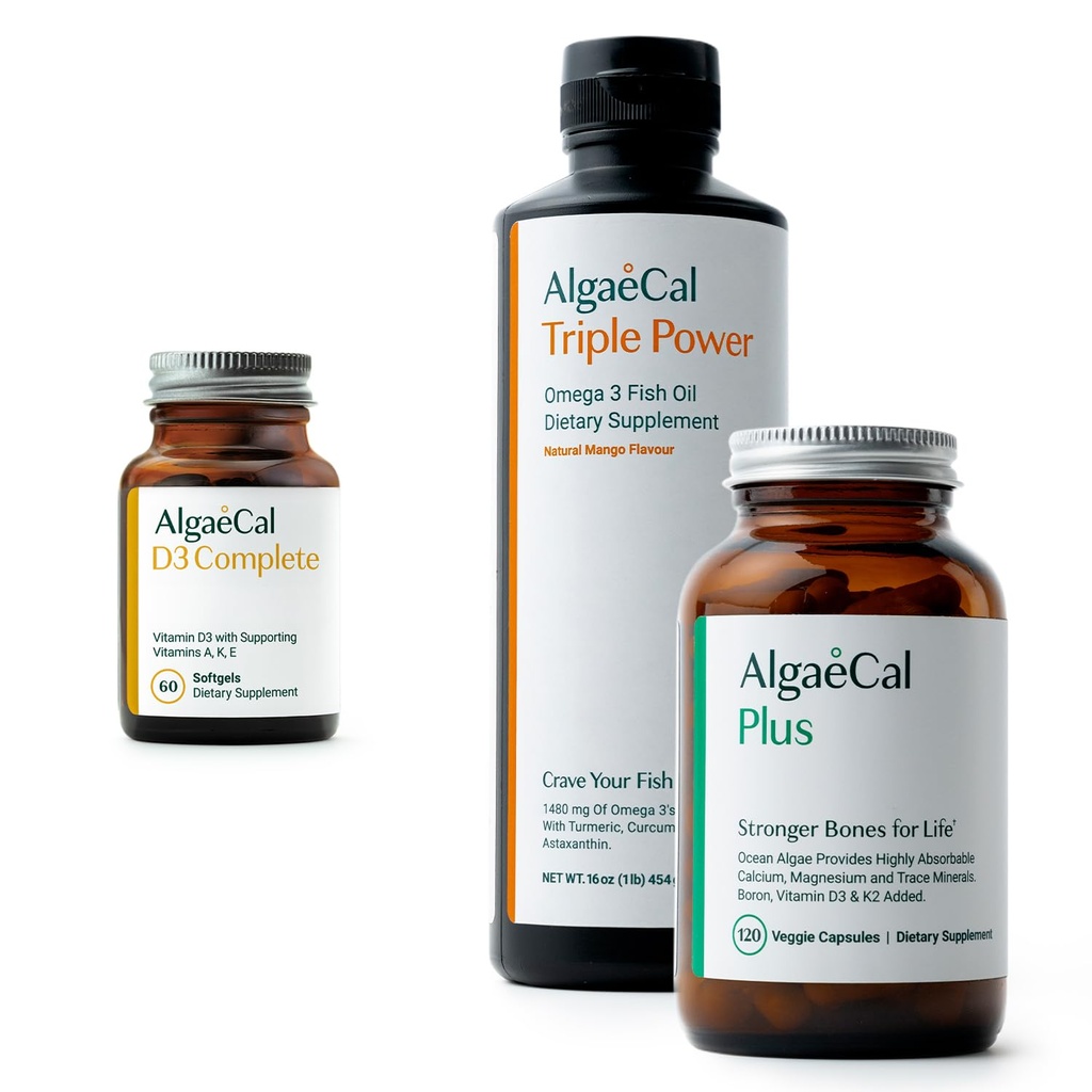 ALGAECAL Bundle - Vitamin D3 Popolno (1000 i.e.) + Vitamini K2, E & A & Rastlinsko baziran kalcij za močnejše kosti in ribje olje Omega 3 1200mg EPA DHA