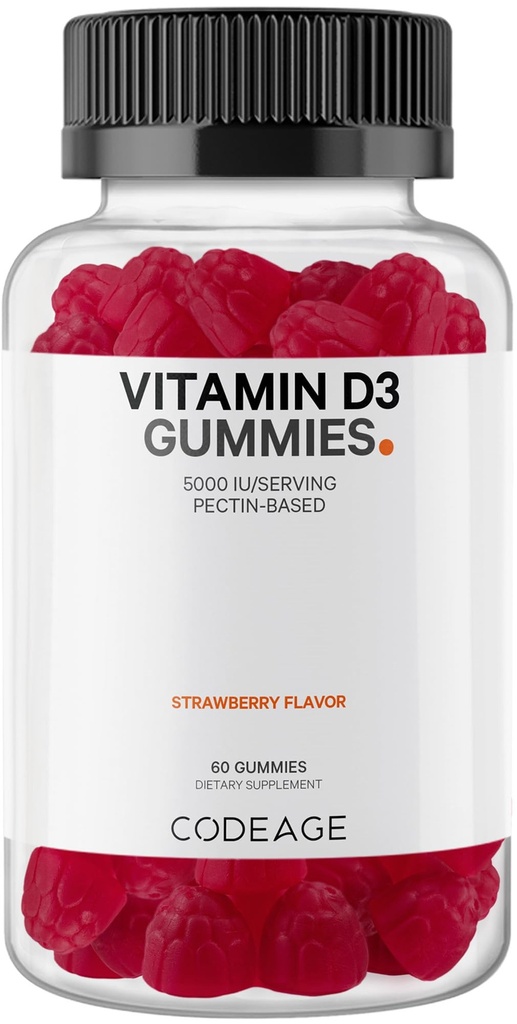 Codeage Vitamin D3 Gummy Vitamini, Vitamin D3 5000 IU Gumies Cholekalciferol 125 mcg - 2-mesečna zaloga - Mehki pektin na osnovi, brez živalskega želatina Vitamini Gummy, Jagoda, Gluten-free - 60 Gumies