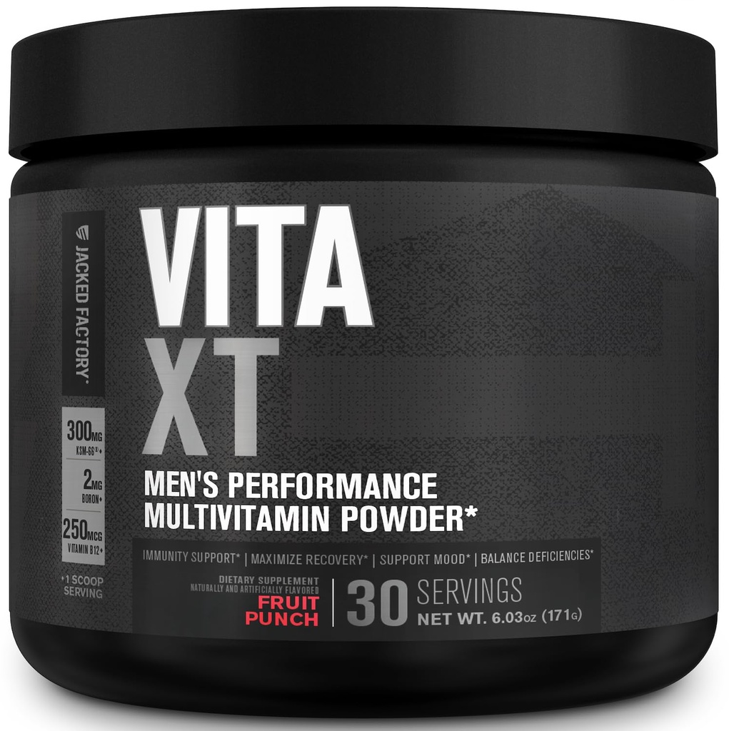 Jacked Factory Vita XT Performance Vitamin Powder - Daily Multivitamin Powder za moške s KSM-66 Ashwagandha, Prebiotic Fiber, Vitamin A, C, D, K, B6, B12, & Več - Sadni Punch, 30Sv