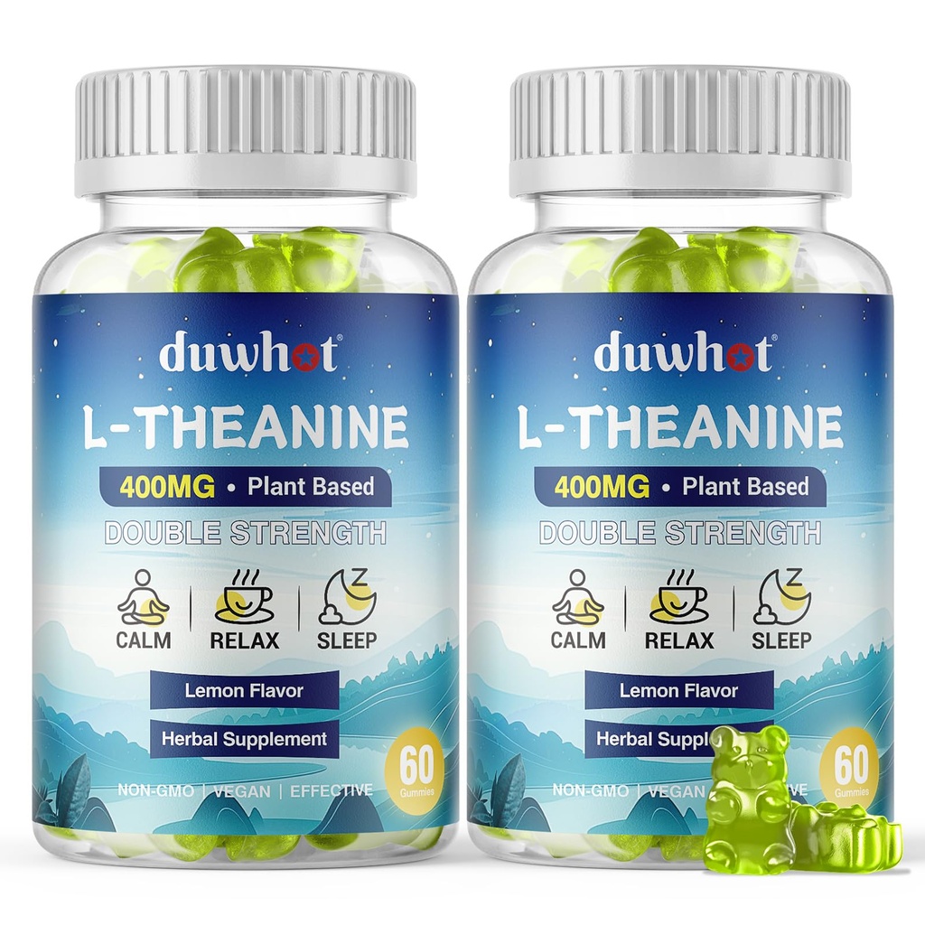 L-Theanine Gummies 400mg, Žvečilni Theanine dodatek za odrasle in otroke 4+, Naravni stres Relief, ZZ & Focus dodatek, Vegan, Nizki sladkor, Neumivanje, Limonina aroma, 120 Žvečilni izdelki