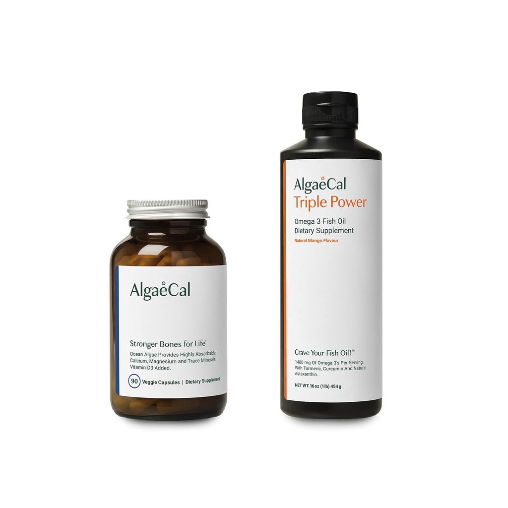 AlgaeCal Bundle - dodatek kalcij na osnovi rastline z vitaminom D3 za zdravje kosti in moč in trojna moč Omega-3 ribje olje naravna tekoča Emulzija z EPA & DHA, kurkumin, astaksantin