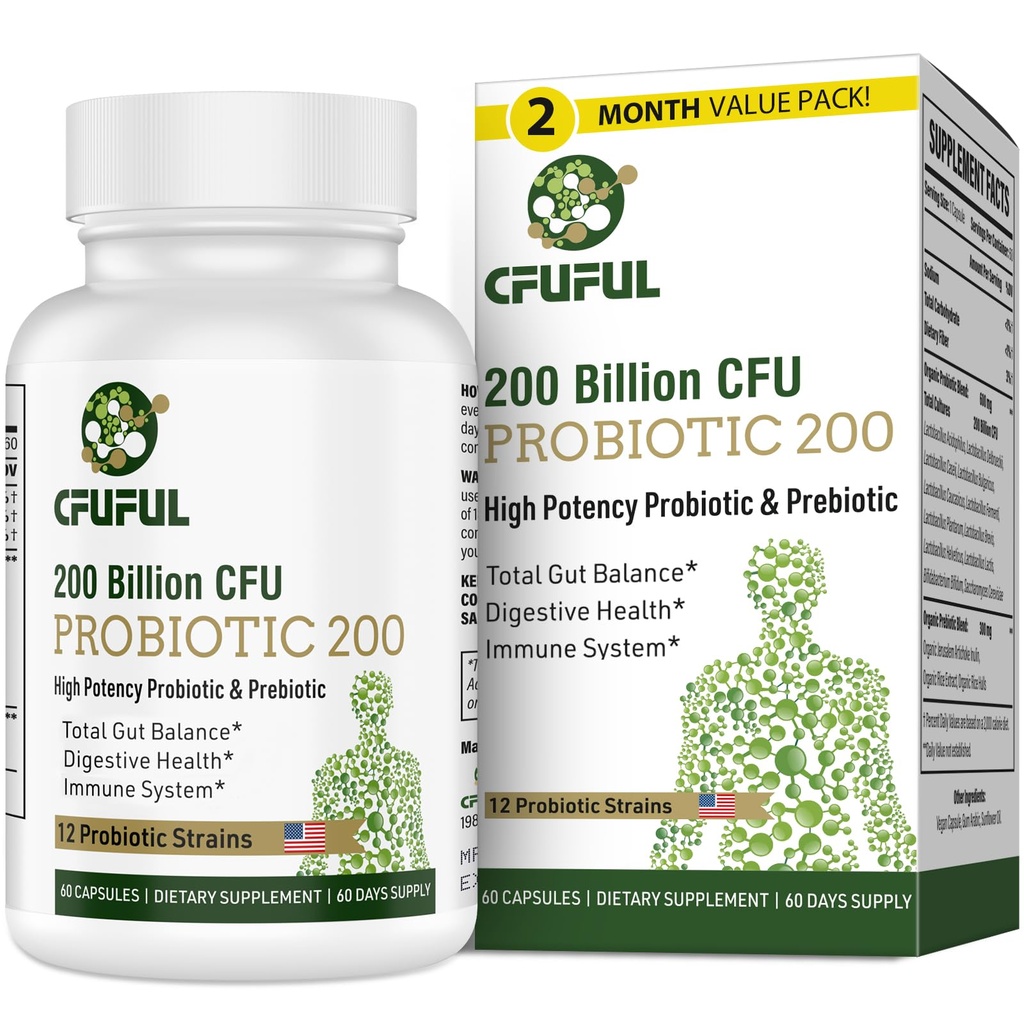 Probiotics for Women & Men, 200 Billion CFU 12 Strains with 3 Organic Prebiotics and Probiotics for Digestive Health Gut, Immune, Bloating & Gas, Energy, Overall Health, Shelf Stable - 2 Month Supply