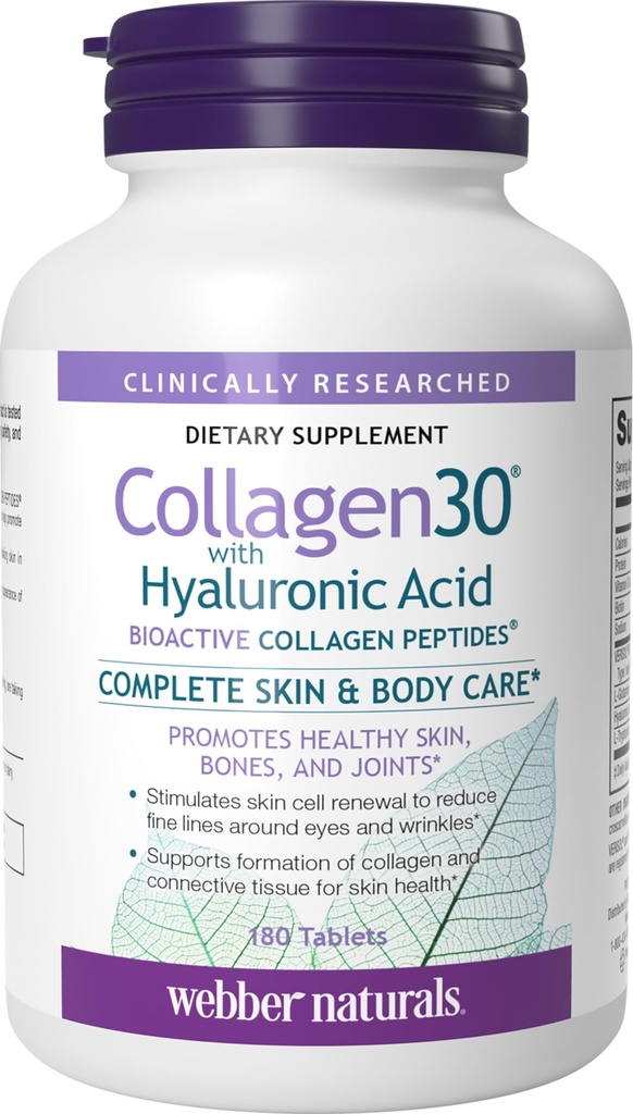 Webber Naturals Collagen30 s hialuronsko kislino, bioaktivnimi kolagen peptidi, 180 tablet, pomaga zmanjšati očesne gube in Fine Facial Line, Non GSO