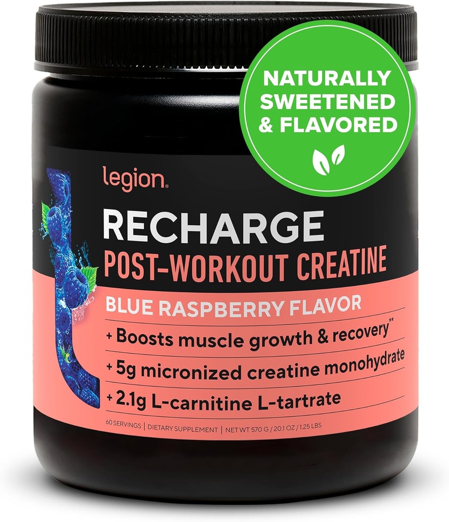 Legion Recharge Post Workout dodatek - All Natural Muscle Builder & Recovery pijača z mikroniziranim kreatin monohidrat. Naravno sladkano in okusno, varno in zdravo. (Modra malina, 60 Serving)