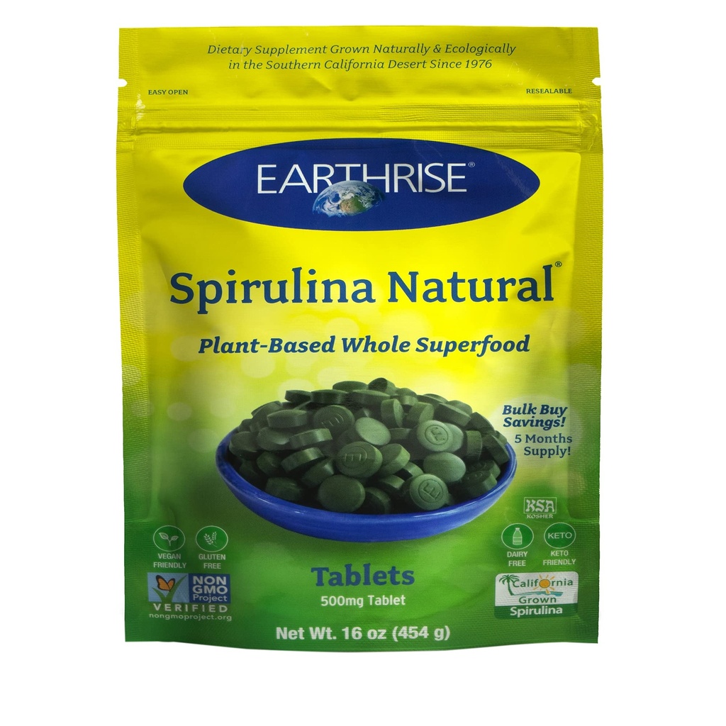 Earthrise Spirulina, Pure Californian Spirulina 500 mg, Vegan, Gluten Free, Keto prijazno, Non - GMO Super Hrana z visoko vsebnostjo vitaminov in mineralov., 1 LB tablete (150 Serving)