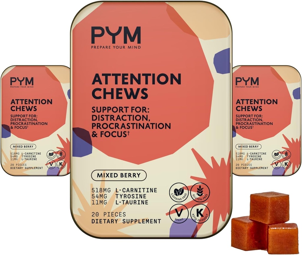 PYM pozornost Chews Podpora za odlašanje, Fokus & Produktivnost, 60 Count 