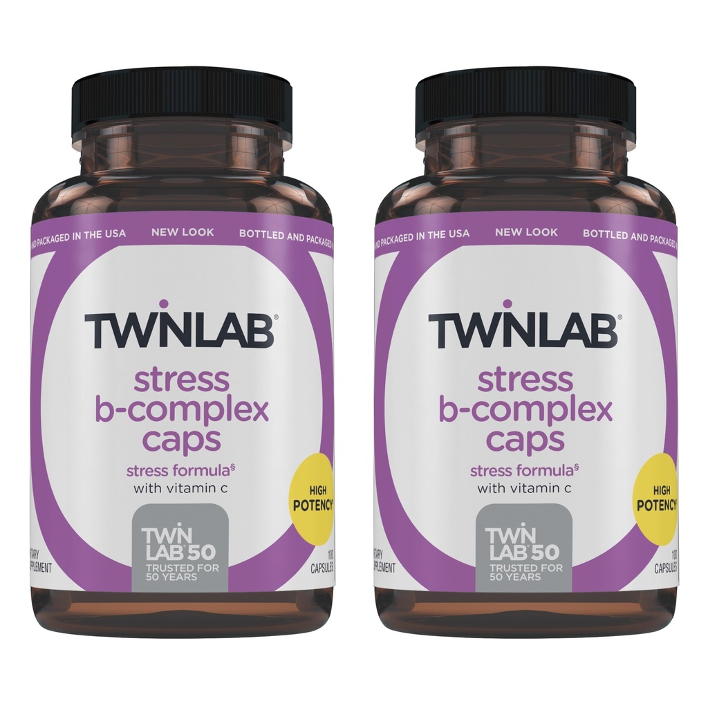 Twinlab Stress B-kompleks kapice - kompletna B-kompleks & 1000 mg Vitamin C - energijska podpora dodatek z vitaminom B12 in B6-100 kapsule (paket po 2)