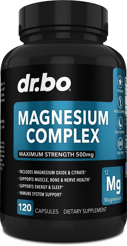 Magnezijev kompleks dopolnilo Kapsule 500mg - Podpora Energija, Sprostitev, Krče za noge in noge - Pomoč Pomoč Mišična podpora Dodatki - Visoka absorpcija Premium Mag Citratni oksid - 120 Kapsule