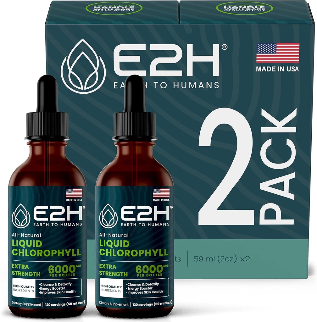 E2H Klorofil Tekoče kapljice - energijski spodbujevalnik, prebava, imunski sistem in notranji deodorant - Vegan - Gluten Free - Non-GMO - (2 steklenici)