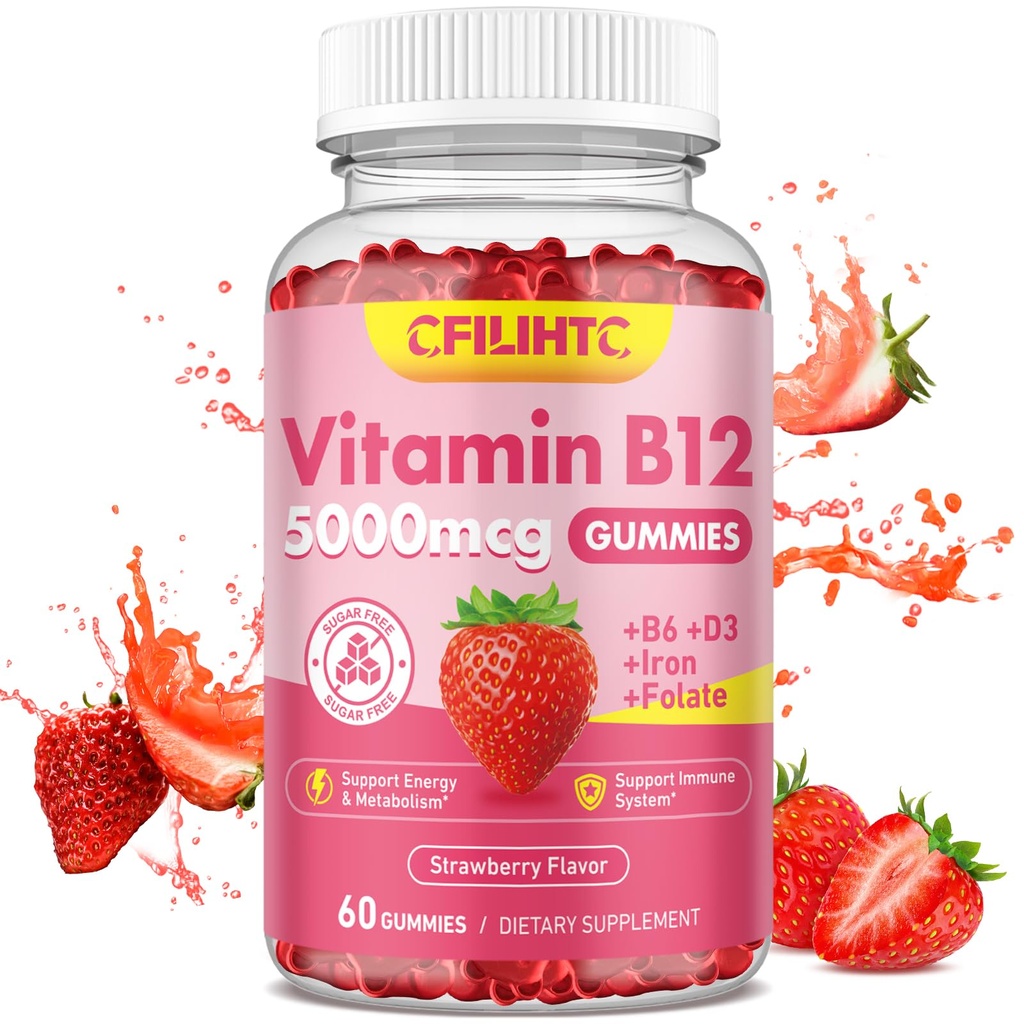 Vitamin B12 Gumiji za ženske in moške, 5000mcg Metil B12 Gumiji z vitaminom B6, D3, železo, Folat za odrasle, Podpira energijo in presnovo Boost, Mood, Imunski in živčni sistem, Brez sladkorja Jagoda