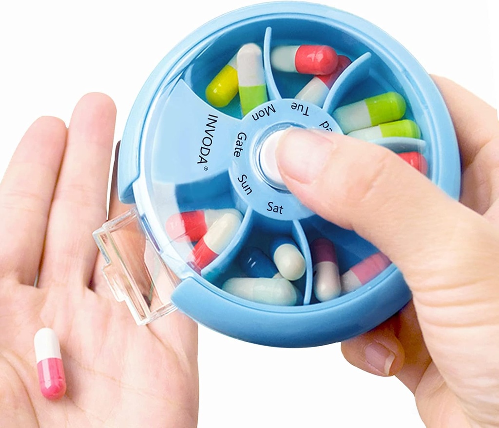 Tedenska tableta INVODA Organizator 7 Kompartment Rotacijska tableta Škatla za vsakodnevna zdravila in vitamini - Prenosne potovalne tablete Primer Ribje olje Dodatki Vitamini Organizator (Sky Blue)