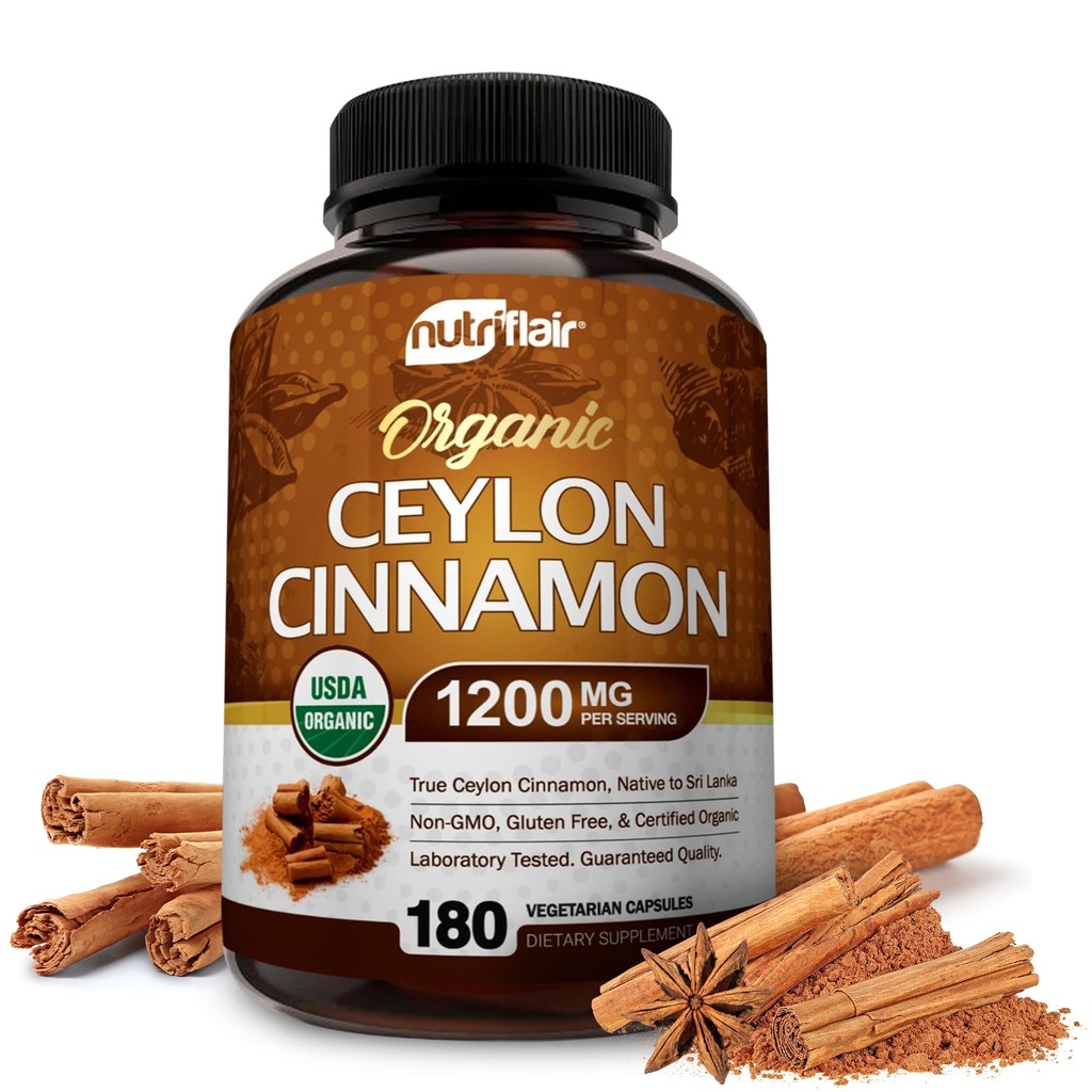 NutriFlair Organic Ceylon Cinamon (100% Certified Organic Ceylon Cinamon) 1200 mg na obrok, 180 Kapsule - sklepi, vnetje, antioksidant