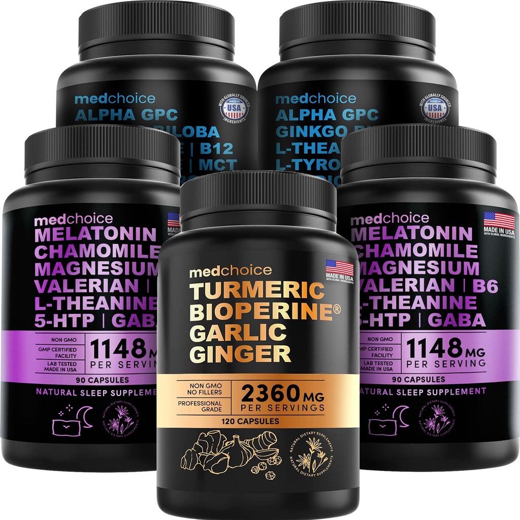 MEDCHOICE Turmeric & Ginger (120ct), Sleep Melatonin (180ct) in Nootropic Brain (120ct) dodatek Bundele - Wellness Trio za možgane, spanje, in imunske podpore - Vegan, Non-GMO, Gluten-free