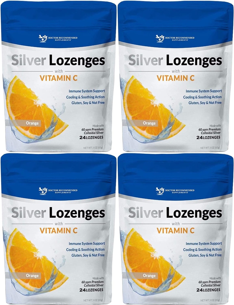 Silver Lozenges z vitaminom C - Premium Nano Silver 60 PPM koloidno srebro, organski med in vitamin C Mineralna dopolnila kapljice za podporo imunskega sistema, Soothe kašelj in grlo - pakiranje 4