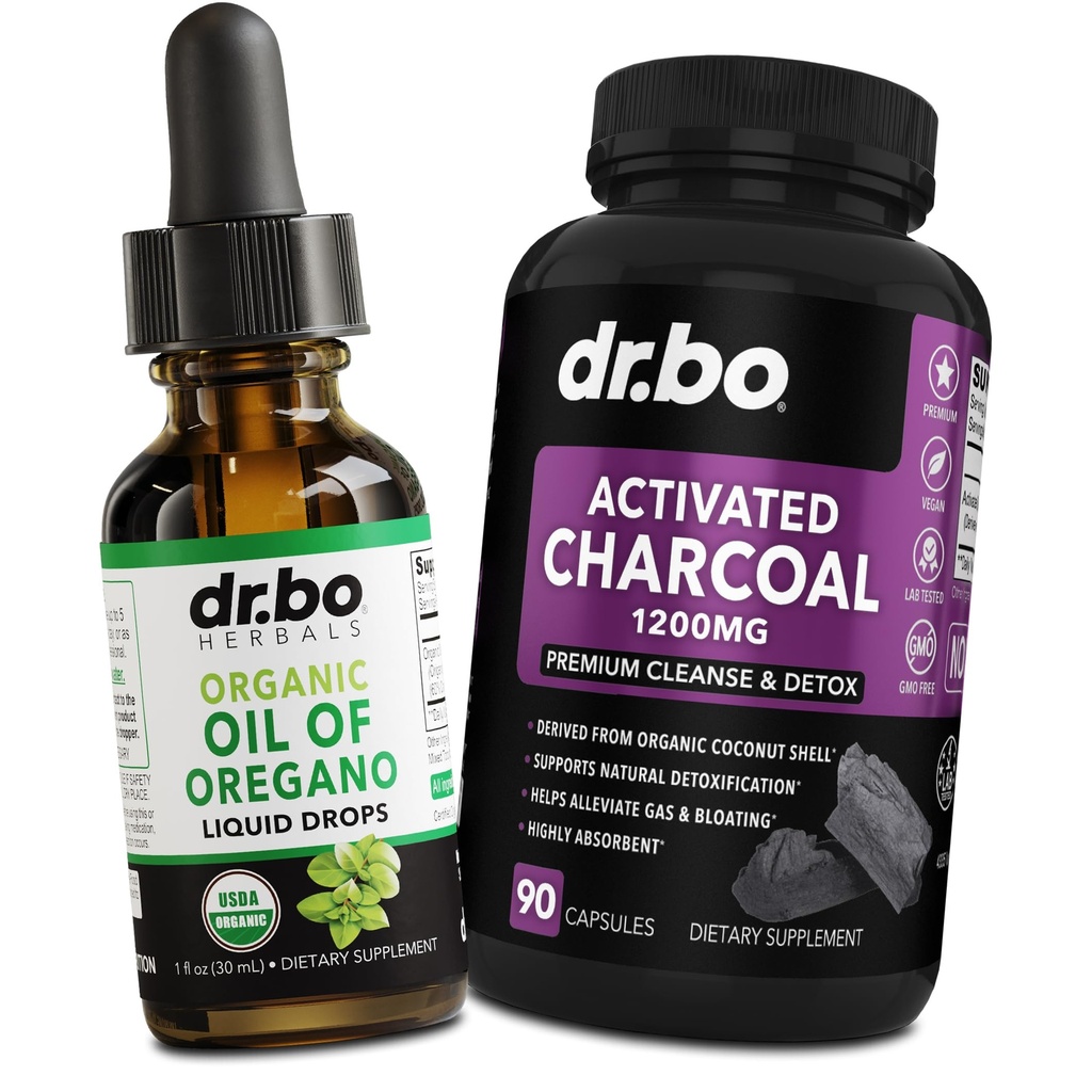 Origano Oil Organske tekoče kapljice in Charcoal kapsule - olje Origano kapljice Tinkture Extract & Charcoal tablete za čiščenje želodca Detox Imunska podpora, Prebavne Binder - Organic