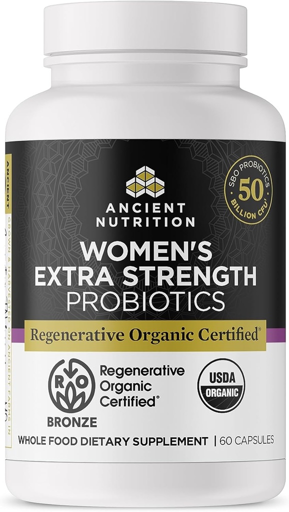Ancient Nutrition Regenerative Organic Certified Probiotics for Women, Probiotics Women's Extra Power, Healthy Digestion and Immune System Function Support, 25 milijard CFUs* Per Serving, 60 Count