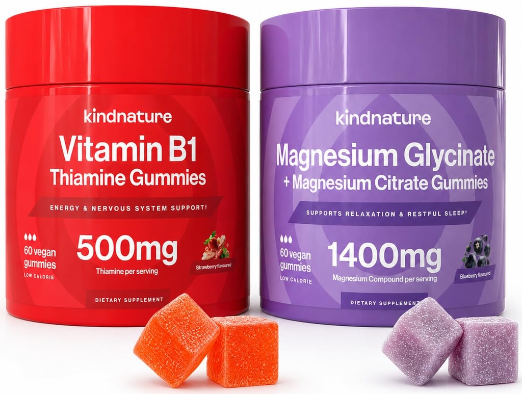 KINDNATURE Moč Duo: Magnezij & Vitamin B1 Gummies Bundle – Izboljšana energija in živčna podpora, Okusno & žvečljivo
