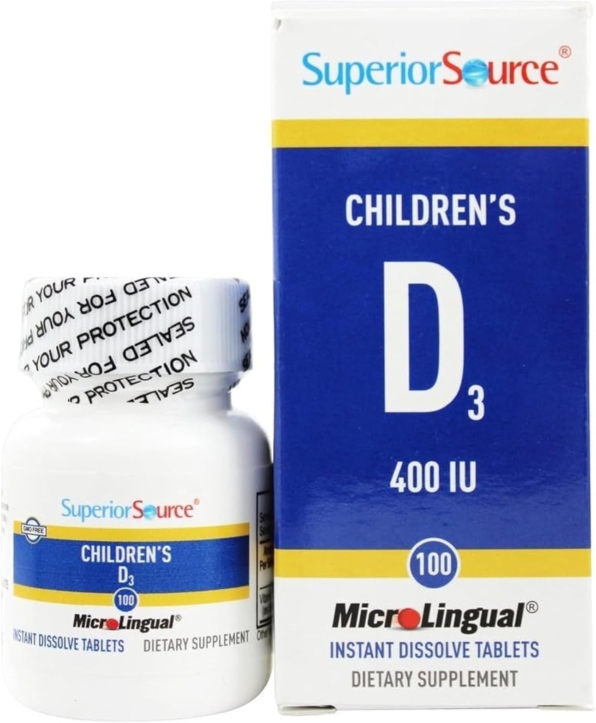 Superior Source Otroški vitamin D3 400 i.e. - Zobje, kosti in imunski dodatek za otroke - Non-GMO - 100 mikrolingualnih razrešljivih tablet