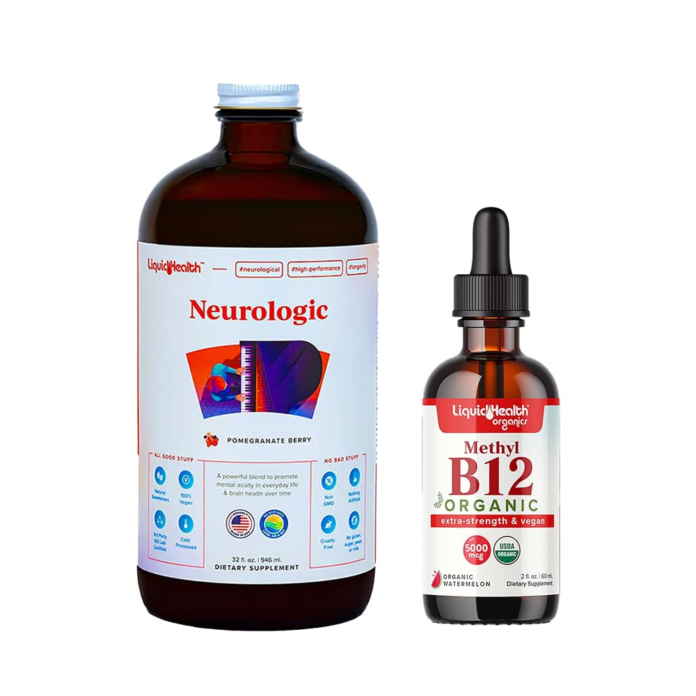 LIQUIDHEALTH Neurologic Nootropic Focus Supplement & Organic Metil B12 5000mcg Vitamin kapljice s Tart Cherry Juice za imuno podporo, Izboljšan spomin in koncentracija, naravna energija, Splošno zdravje