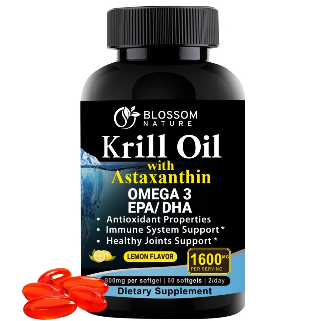 Antarktika Kril Oil Softgels-1600mg na služijo z 2mg astaksantin, visoke Omega-3 (174mg EPA & 120mg DHA) v fosforolipid obliki – Podpore skupno, srce, zdravje kože in možganov–60 Lemon-Flavored Softgels