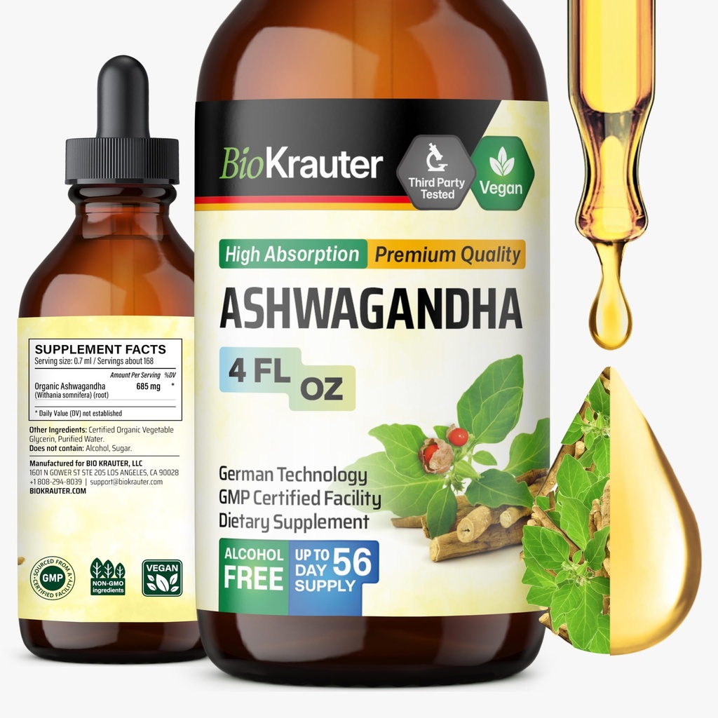 BIO KRAUTER Ashwagandha Tekoče kapljice - Ashwagandha dopolnila za mir - Veganske Mood podpore kapljice - Alkohol in sladkor brez - 4 Fl.Oz.